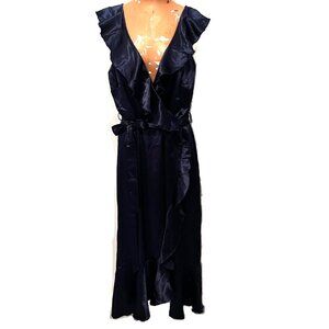 Little Mistress Dress 8 Navy Blue Ruffles Faux Wrap Satin Prom Date Night Formal